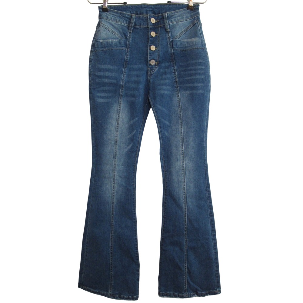Kunmi High Rise Flare Jeans Button Fly Seam Front Blue‎ Denim 4 Festival Boho